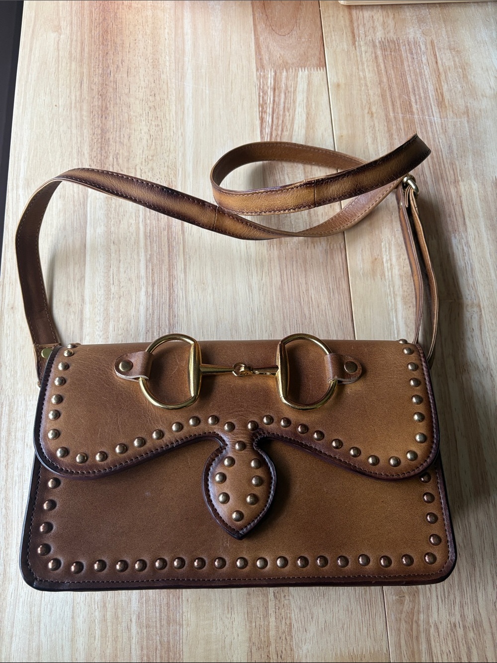 American Darling Brown Studded Leather Shoulder Bag with Gold Hardware
